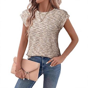Women's Waffle Loose Crew Neck Casual Tank Tops Summer Cap Short Sleeve Slim Blouse