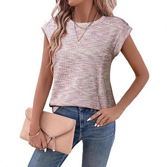 Women's Waffle Loose Crew Neck Casual Tank Tops Summer Cap Short Sleeve Slim Blouse