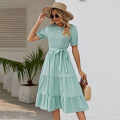Women's Short Short Sleeve Smocked Midi Dress Casual Elastic Waist Tiered A Line Maxi Dress