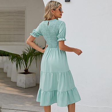 Women's Short Short Sleeve Smocked Midi Dress Casual Elastic Waist Tiered A Line Maxi Dress