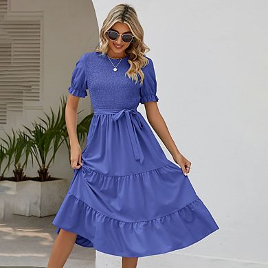 Women's Short Short Sleeve Smocked Midi Dress Casual Elastic Waist Tiered A Line Maxi Dress