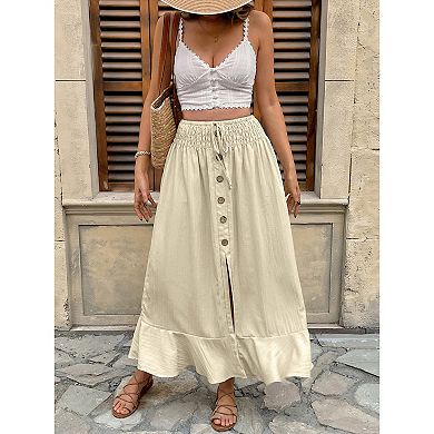 Women's Casual Elastic Drawstring Waist Button Split Skirt Tiered Ruffle Hem Long Maxi Skirt
