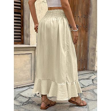 Women's Casual Elastic Drawstring Waist Button Split Skirt Tiered Ruffle Hem Long Maxi Skirt
