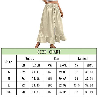 Women's Casual Elastic Drawstring Waist Button Split Skirt Tiered Ruffle Hem Long Maxi Skirt