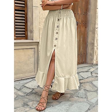 Women's Casual Elastic Drawstring Waist Button Split Skirt Tiered Ruffle Hem Long Maxi Skirt
