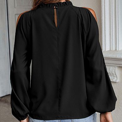 Women Long Sleeve Tops Elegant Casual Cold Shoulder Ruffle Collar Blouses Autumn Fashion Shirts