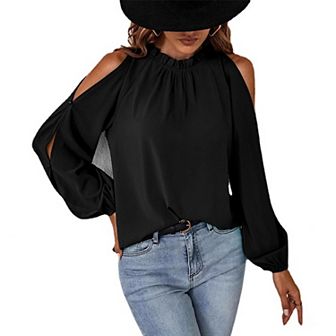 Women Long Sleeve Tops Elegant Casual Cold Shoulder Ruffle Collar Blouses Autumn Fashion Shirts