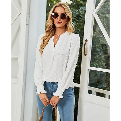 Women's Swiss Dot V Neck Long Sleeve Blouse Solid Casual Loose Chiffon Blouse Top