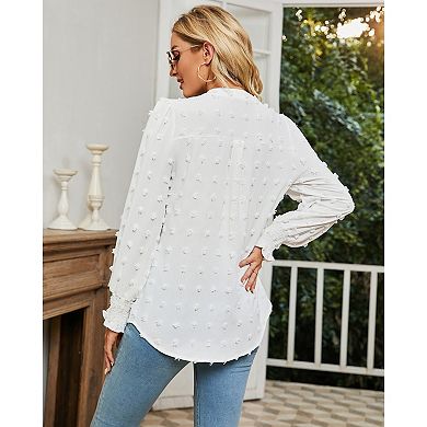 Women's Swiss Dot V Neck Long Sleeve Blouse Solid Casual Loose Chiffon Blouse Top