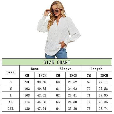 Women's Swiss Dot V Neck Long Sleeve Blouse Solid Casual Loose Chiffon Blouse Top