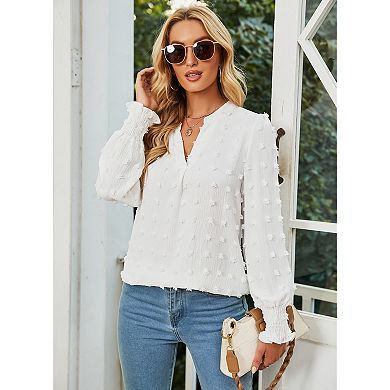 Women's Swiss Dot V Neck Long Sleeve Blouse Solid Casual Loose Chiffon Blouse Top