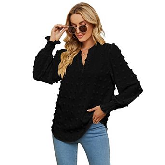 Women's Swiss Dot V Neck Long Sleeve Blouse Solid Casual Loose Chiffon Blouse Top
