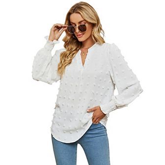 Women's Swiss Dot V Neck Long Sleeve Blouse Solid Casual Loose Chiffon Blouse Top