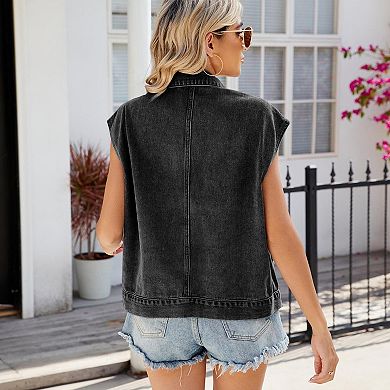 Women's Oversized Denim Cargo Vest Distressed Button Down Sleeveless Jean Jacket with Pockets