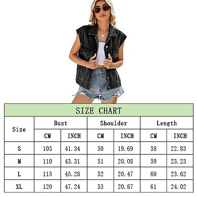Women's Oversized Denim Cargo Vest Distressed Button Down Sleeveless Jean Jacket with Pockets