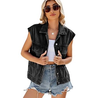 Women's Oversized Denim Cargo Vest Distressed Button Down Sleeveless Jean Jacket with Pockets