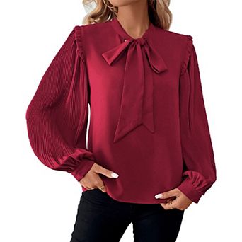 Women's Bow Tie Neck Ribbed Long Sleeve Tops Elegant Chiffon Button Cuffs Blouse