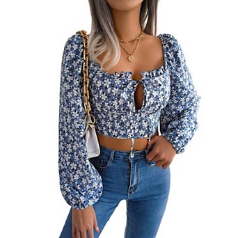 Women Long Sleeve Floral Shirt Elegan Chiffon Open Lace Up Navel Blouses Top