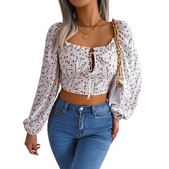 Women Long Sleeve Floral Shirt Elegan Chiffon Open Lace Up Navel Blouses Top