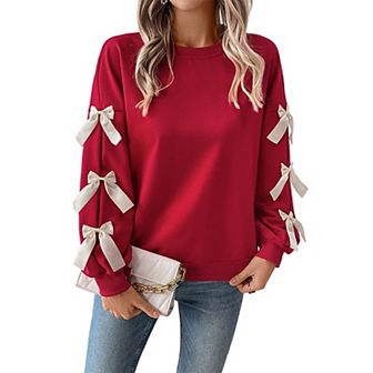 Women's Y2K Ribbon Bow Long Sleeve Top Crew Neck Christmas New Year Bowknot Oversized Pullovers