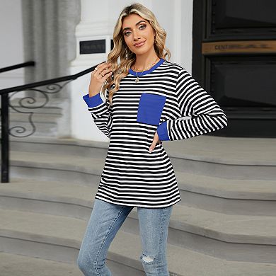 Women Striped Color Block Oversized Sweatshirt Crew Neck Long Sleeve Shirt Loose Pullover Top