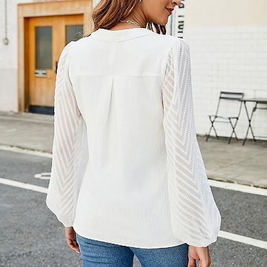 Women Long Sleeve V Neck Dressy Blouses Lace Business Shirts Lantern Sleeve Chiffon Tunic Tops