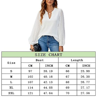 Women Long Sleeve V Neck Dressy Blouses Lace Business Shirts Lantern Sleeve Chiffon Tunic Tops