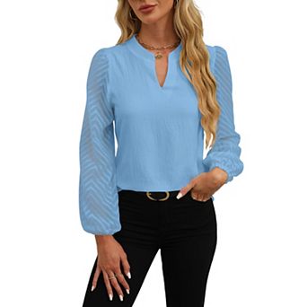 Women Long Sleeve V Neck Dressy Blouses Lace Business Shirts Lantern Sleeve Chiffon Tunic Tops