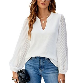Women Long Sleeve V Neck Dressy Blouses Lace Business Shirts Lantern Sleeve Chiffon Tunic Tops
