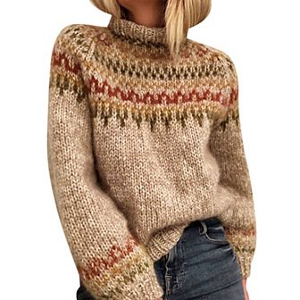 Women's Vintage Fair Isle Mock Neck Sweater Winter Oversized Long Sleeve Pullover Knitted Jumper