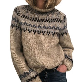 Women's Vintage Fair Isle Mock Neck Sweater Winter Oversized Long Sleeve Pullover Knitted Jumper