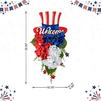 Glitzhome 22”H Metal Patriotic Metal Top Hat Hydrangea Swag Wall Decor
