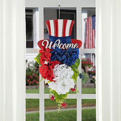 Glitzhome 22”H Metal Patriotic Metal Top Hat Hydrangea Swag Wall Decor