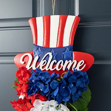 Glitzhome 22”H Metal Patriotic Metal Top Hat Hydrangea Swag Wall Decor