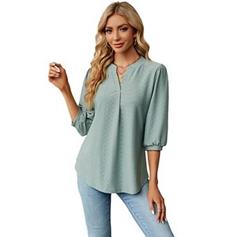 Women 3/4 Sleeve Tops Summer Casual Loose V Neck Blouses Eyelet Flowy Dressy Shirts