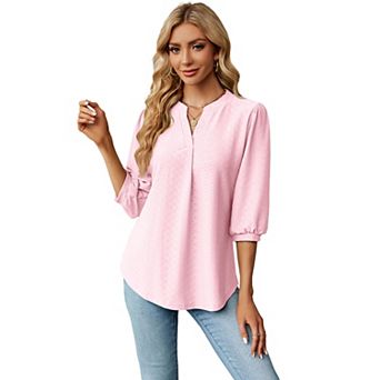 Women 3/4 Sleeve Tops Summer Casual Loose V Neck Blouses Eyelet Flowy Dressy Shirts