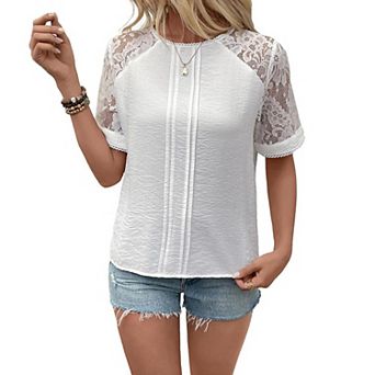 Womens Lace Tops with Keyhole Back Elegant Textured Blouse Tops Lace Patchwork Tops