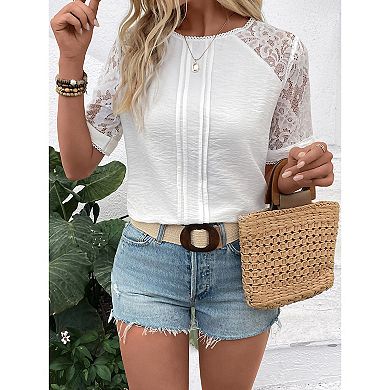 Womens Lace Tops with Keyhole Back Elegant Textured Blouse Tops Lace Patchwork Tops