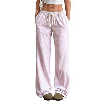 Pink Low Waist Drawstring Tie Straight Leg Pants Fashionable Casual Loungewear For Women