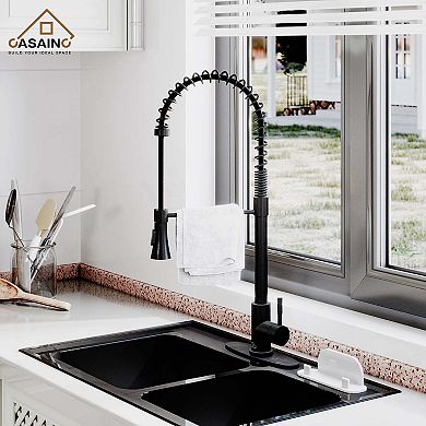Spring Pull Down Sprayer Kitchen Faucet with Dual-Function Spray Head and Deck Plate