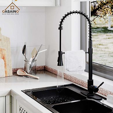 Spring Pull Down Sprayer Kitchen Faucet with Dual-Function Spray Head and Deck Plate