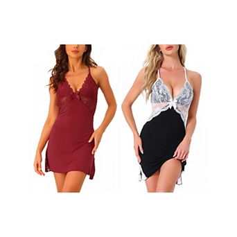 2 pc Women's Nightwear Lingerie Lace Deep V Neck Sleeveless Nightgown Sleep Dress