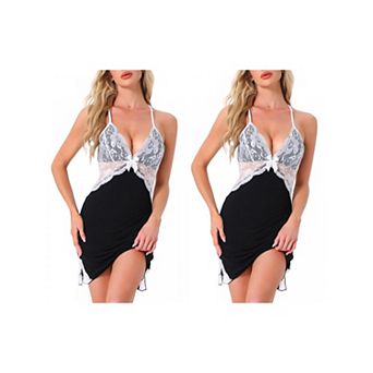 2 pc Women's Nightwear Lingerie Lace Deep V Neck Sleeveless Nightgown Sleep Dress