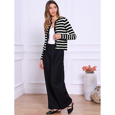 Striped Cardigan Sweater for Women's Crew Neck Color Block Button Down Crop Shirts