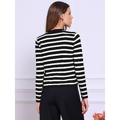 Striped Cardigan Sweater for Women's Crew Neck Color Block Button Down Crop Shirts