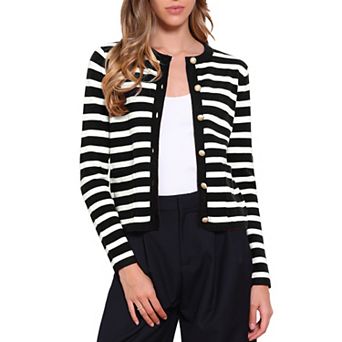 Striped Cardigan Sweater for Women's Crew Neck Color Block Button Down Crop Shirts