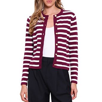 Striped Cardigan Sweater for Women's Crew Neck Color Block Button Down Crop Shirts