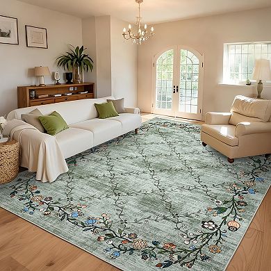 Garvee Machine Washable Floral Printed Area Rug Low Pile Stain Resistant Throw Carpet