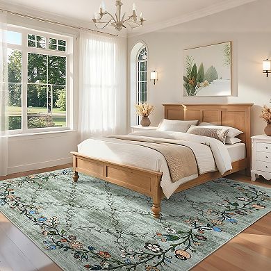 Garvee Machine Washable Floral Printed Area Rug Low Pile Stain Resistant Throw Carpet
