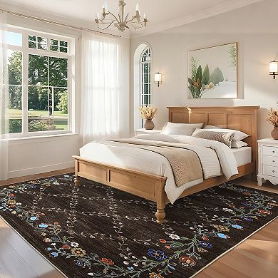 Garvee Machine Washable Floral Printed Area Rug Low Pile Stain Resistant Throw Carpet
